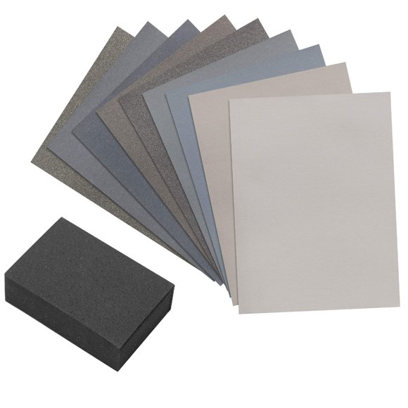 Kit de láminas de lijado Micro-Mesh de 9 granos con bloque de lijado de espuma
