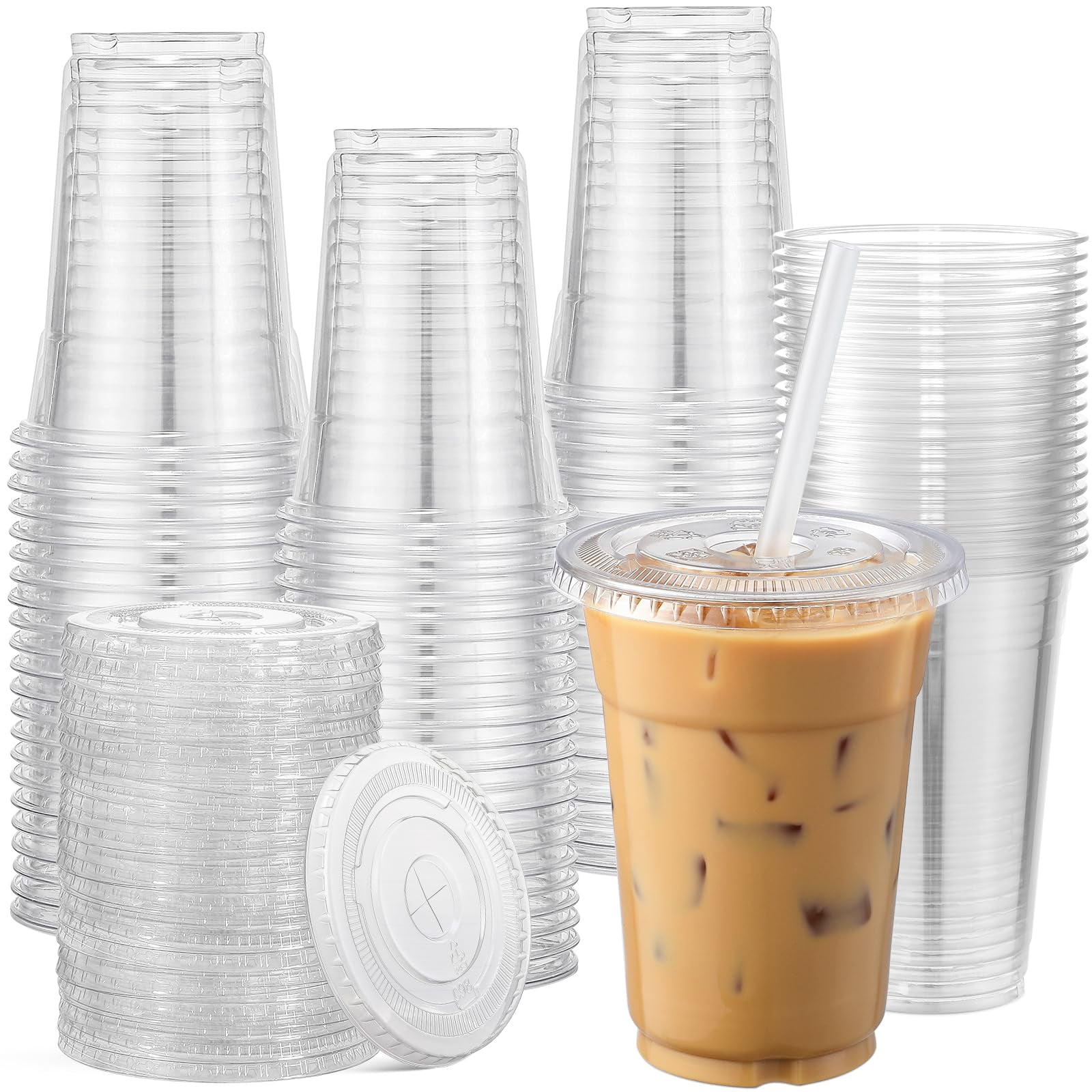 Vasos Desechables Aozita De Plástico Transparente De 16 Oz Con Tapas, 120 Juegos