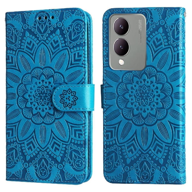 Funda tipo cartera FOXDOCK para Vivo Y17s , diseño girasol en relieve, cuero PU, cierre magnético, soporte y tarjetero