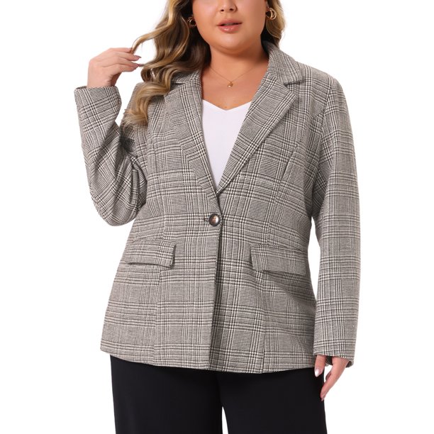 Agnes Orinda Blazers de Talla Grande para Mujeres Cuadros Solapa con Muesca Manga Larga Blazer Casual de Negocios 4X Marrón Beige