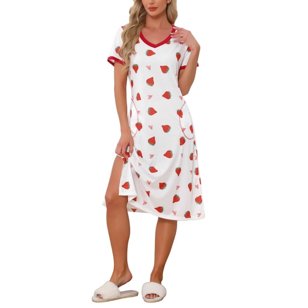 INSPIRE CHIC Camisón de Mujer con Cuello en V y Bolsillos, Manga Corta con Abertura Lateral, Bata de Noche con Ribete en Contraste para Primavera Verano XL Fresa