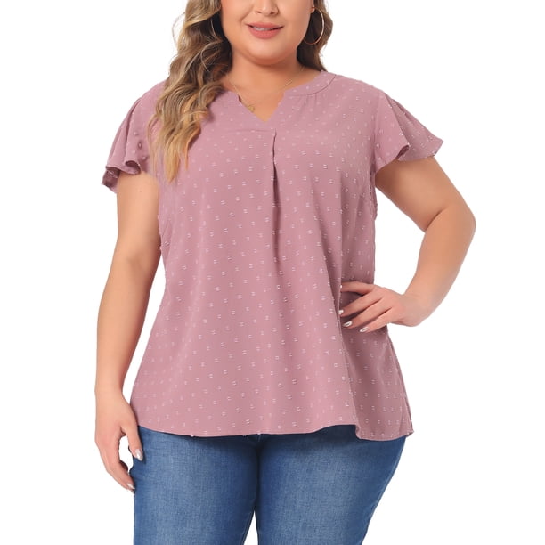 Agnes Orinda Blusas de Talla Grande para Mujer de Escuela y Universidad con Lunares Suizos, Cuello Entallado, Mangas con Volantes, Básicas y Lindas 3X Gris Púrpura