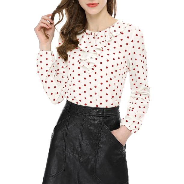 INSPIRE CHIC Blusa de manga larga con cuello con volantes para el regreso a clases del Día de San Valentín para mujer XL Blanco con puntos rojos