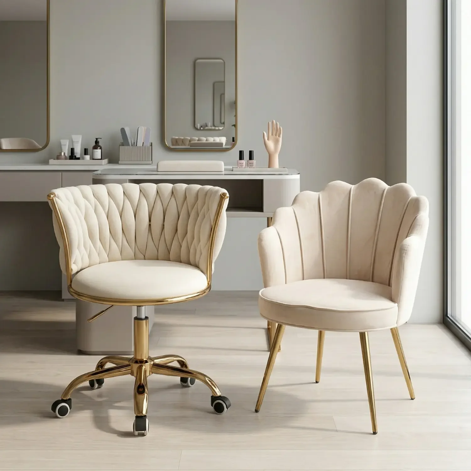 Genérico - Set De 2 Sillas De Manicura Profesional Una Fija Y Con Ruedas Para Salón De Uñas Moderno Beige