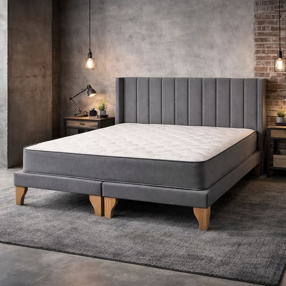 Cama europea Kumara 2 plazas con colchón y respaldo lineal gris oscuro en lino 150x190 cm