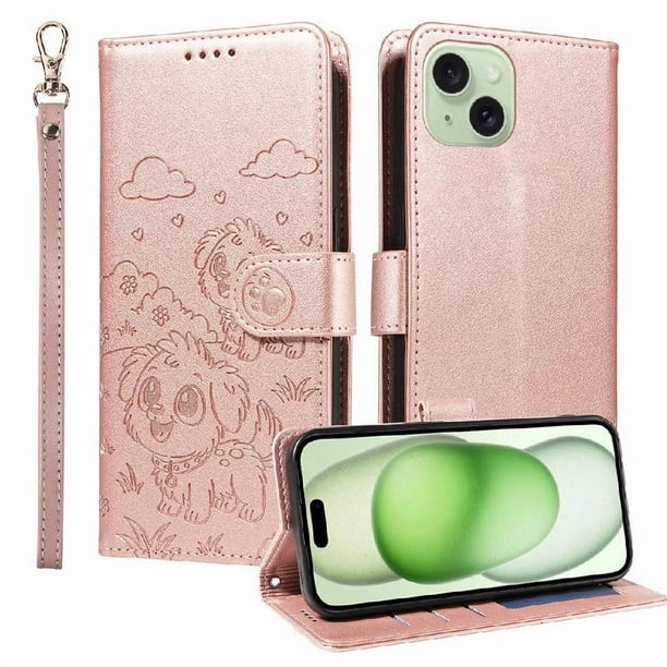 Funda Billetera FOXDOCK Compatible con iPhone 15 Plus , Diseño Perrito Tierno, Ranuras para Tarjetas y Soporte Plegable