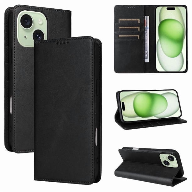 Funda Cartera para iPhone 15 Plus con Ranuras Tarjetas y Soporte - Protección Completa Negro