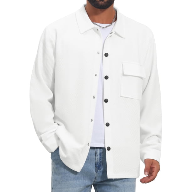 INSPIRE CHIC Chaqueta de Camisa de Punto Jacquard con Bolsillo en el Pecho y Botones para Hombre Vintage Casual M Blanco