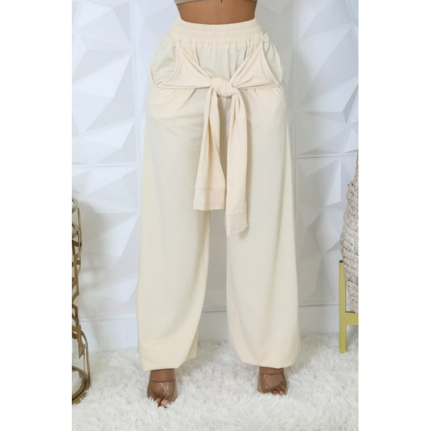 Saronite Pantalones de Cintura Alta Elástica con Bolsillos Laterales y Largo Completo, Color Hueso (para Mujer)