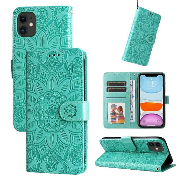 Funda tipo cartera FOXDOCK para iPhone 11 Pro Max , diseño girasol en relieve, cuero PU, cierre magnético, soporte y tarjetero