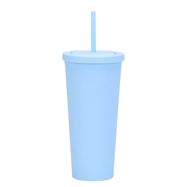 Vaso de plástico reutilizable para agua fría de 700 ml, vaso para bebidas de color sólido de doble capa con tapa y pajita.
