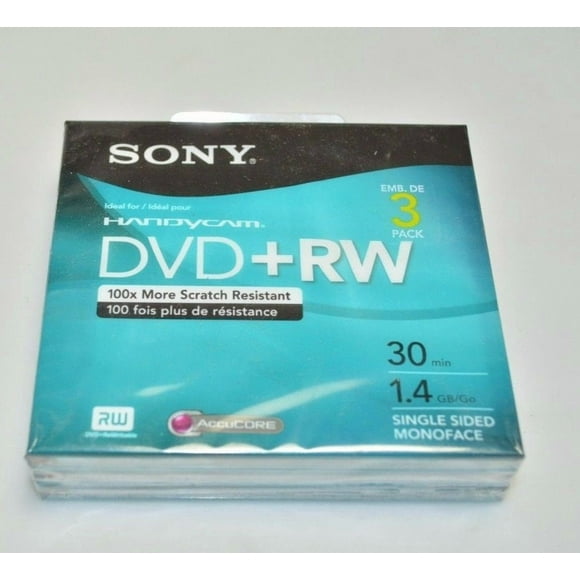 Discos DVD+RW Sony de 8 cm, 1,4 GB/30 minutos, paquete de 3 unidades, regrabables