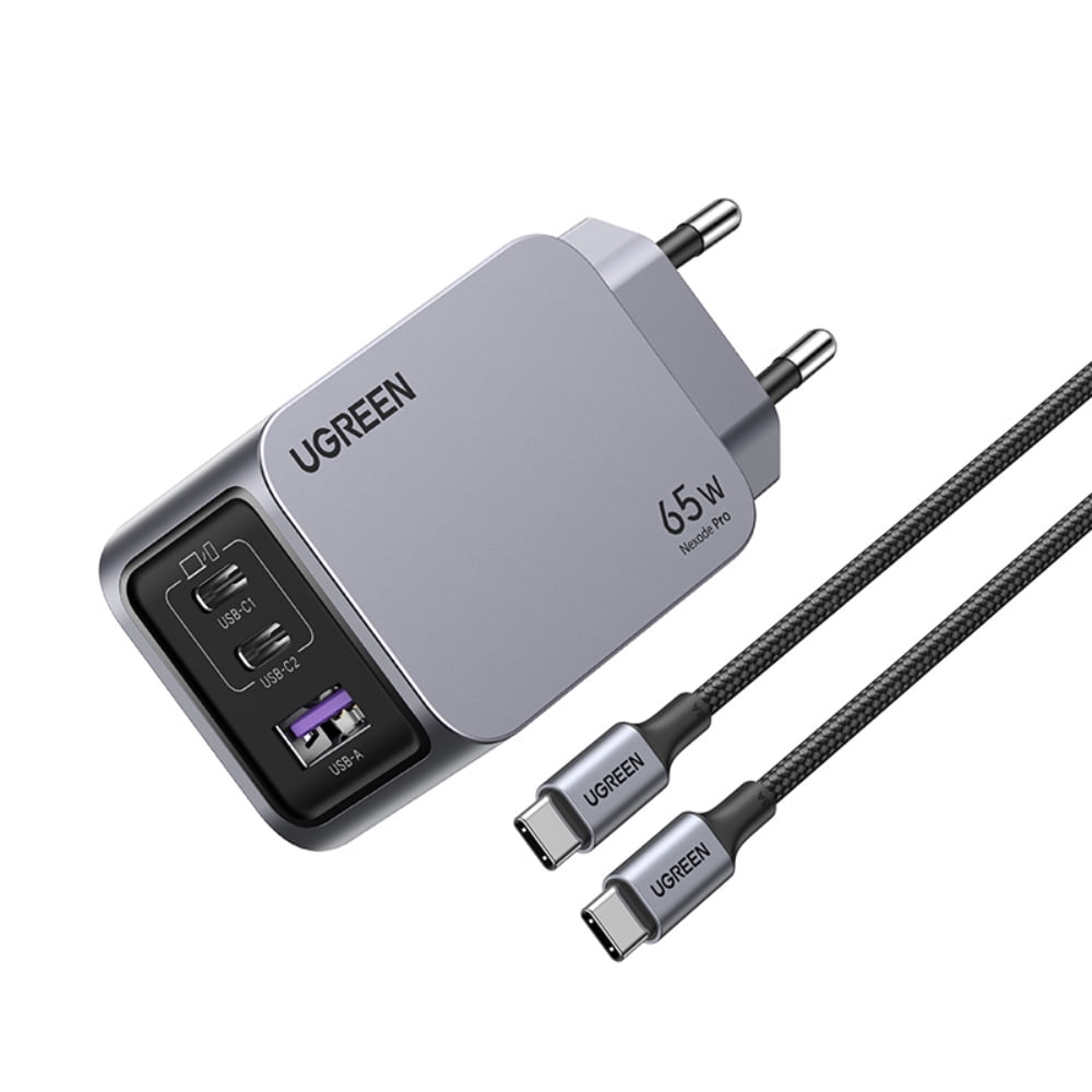 Cargador Gan Tech Fast Slim 65w 2 Usb-c / Usb-a + Cable Usb-c/usb-c 1.5m 100w Max Ugreen X755