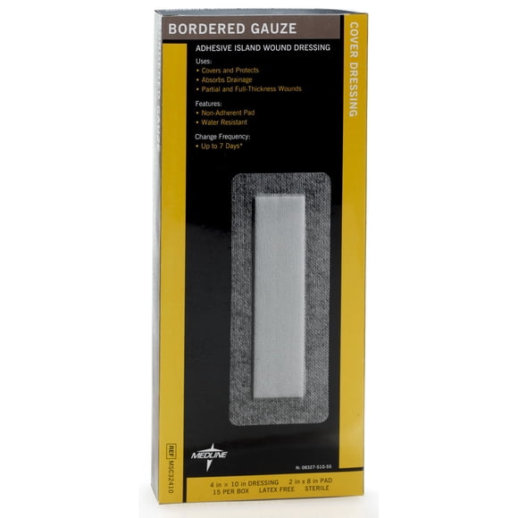 Aderezo Medline con borde de gasa para heridas, 4 x 10 cm, adhesivo, 15 unidades