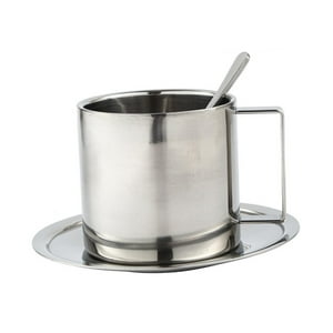 Genérico - Juego De Platos Y Cucharas Para Taza De Café, Taza De Metal De Acero Inoxidable, Para Oficina, Camping, 280Ml