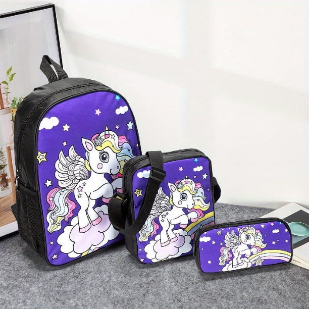 3pcs Backpack Crossbody Bag And Pen Bag Set, 13.8inch 35cm Boys Girls Kids Backpack Lunch Bag Pencil Case Set, Travel Camping Backpack, Casual Cartoon Backpack With Padded Back And Adjustable Strap, F