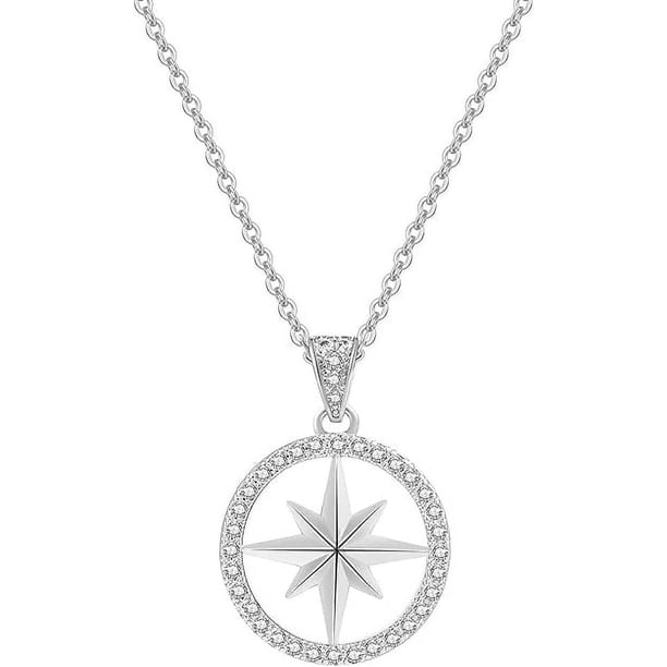 Collar con colgante de brújula, joyería con circonita cúbica bañada en oro de 18 quilates, ideal como regalo para una estancia inolvidable. Plata.