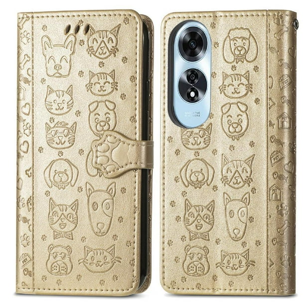 Funda Cartera FOXDOCK para OPPO A60 4G , Flip PU con Relieve de Gatos y Perros, Tarjetero y Soporte