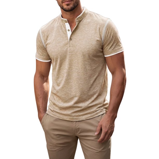 INSPIRE CHIC Camisetas Henley de Hombre de Manga Corta Casual con Ribete en Contraste XL Beige