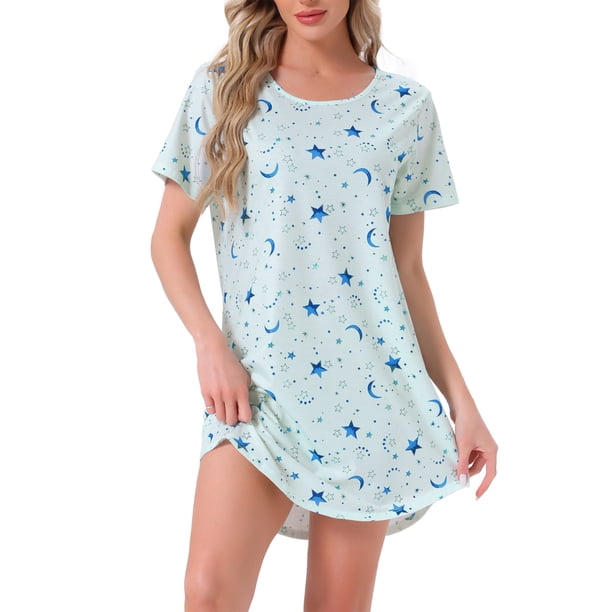 INSPIRE CHIC Camisón a Rayas Coloridas para Mujer Regreso a Clases Camiseta de Manga Corta Cuello Redondo Vestido Ligero Casual para Dormir S Estrella Luna