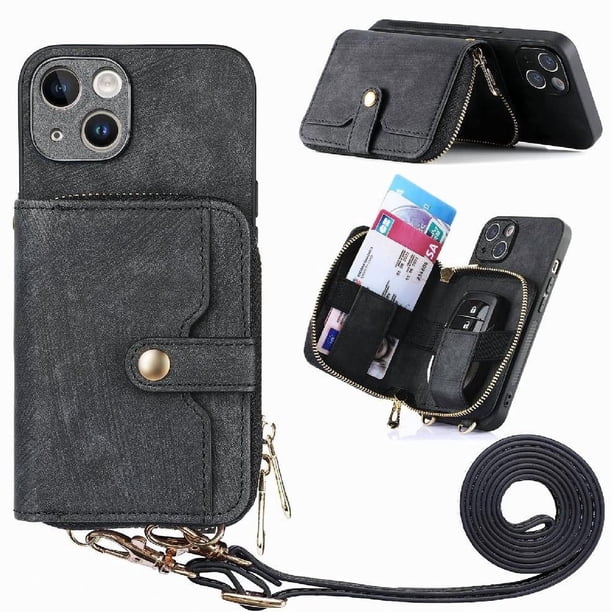 Funda Tipo Cartera con Correa Cruzada para iPhone 14 Protección Contra Golpes Negro