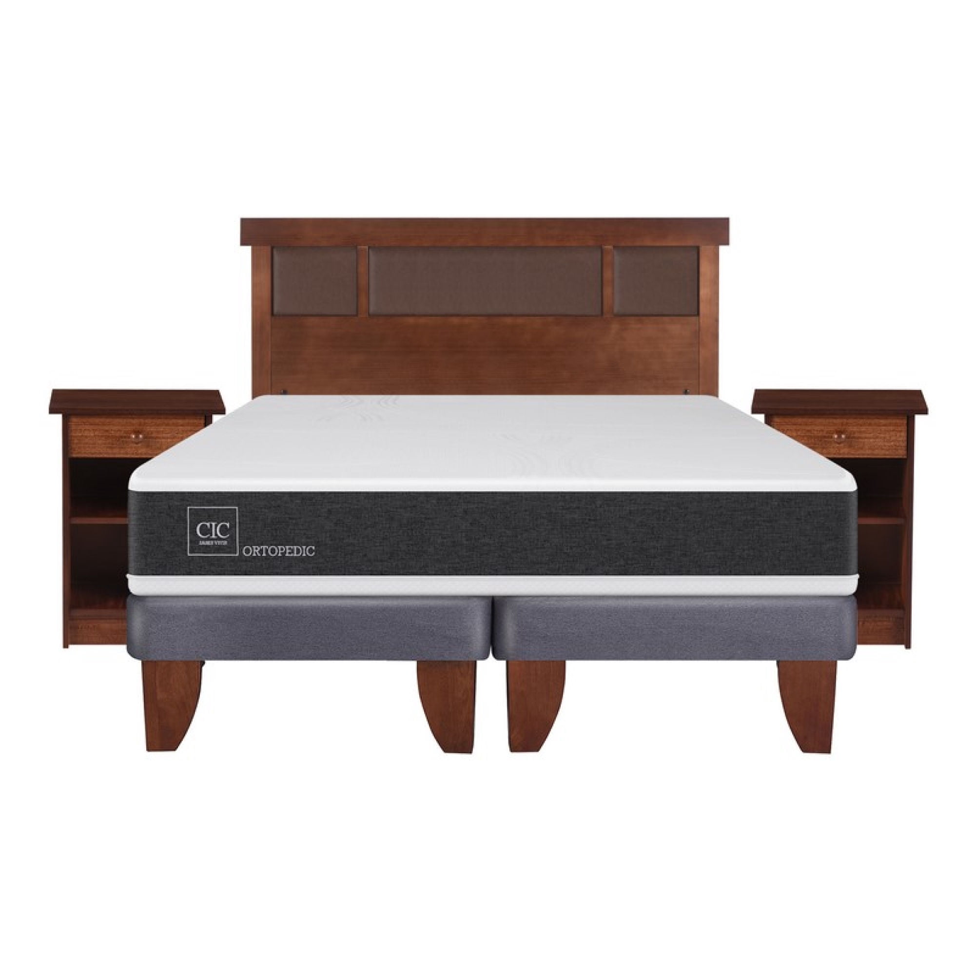 Cama Europea New Ortopedic 2 Plaza Base Dividida + Set Dormitorio Dublin Caramelo (2 Veladores y Respaldo)
