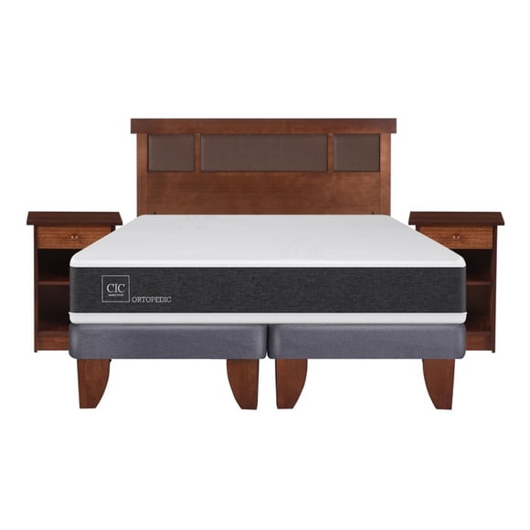 Cama Europea New Ortopedic 2 Plaza Base Dividida + Set Dormitorio Dublin Caramelo (2 Veladores y Respaldo)