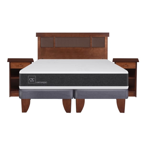 Cama Europea New Ortopedic 2 Plaza Base Dividida + Set Dormitorio Dublin Caramelo (2 Veladores y Respaldo)