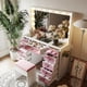 thumbnail image 1 of Makeup Vanity with 15 Hollywood Bulbs, 3Color Lighting Modes Adjustable Brightness, Dressing Table with Visual Glass Top and 11 Pink Finish Drawers, Vanity Desk Set with Cushioned Stool, Pink, 1 of 3