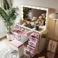 M&Ms - Makeup Vanity With 15 Hollywood Bulbs, 3Color Lighting Modes Adjustable Brightness, Dressing Table With Visual Glass Top And 11 Pink Finish Drawers, Vanity Desk Set With Cushioned Stool, Pink