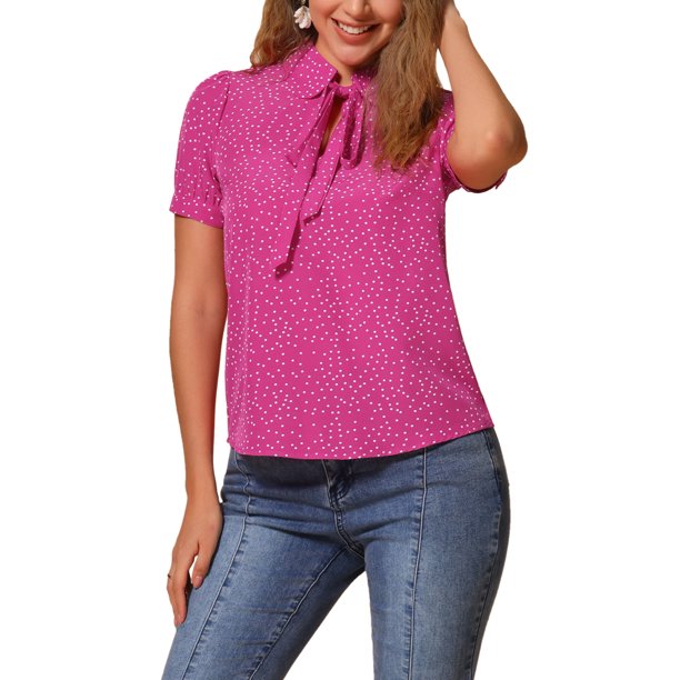 INSPIRE CHIC Blusa de Chifón con Estampado Retro de Regreso a Clases para Mujer, Manga Corta, Lazo, Cuello Peter Pan, Talla S, Rosa Fucsia