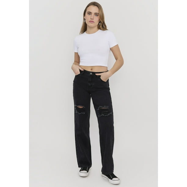Jeans Mujer Noventero Roturas Negro Corona