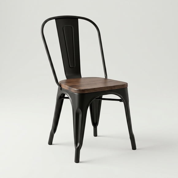 Silla Comedor Tolix De Metal Negra Con Asiento De Madera Oscura