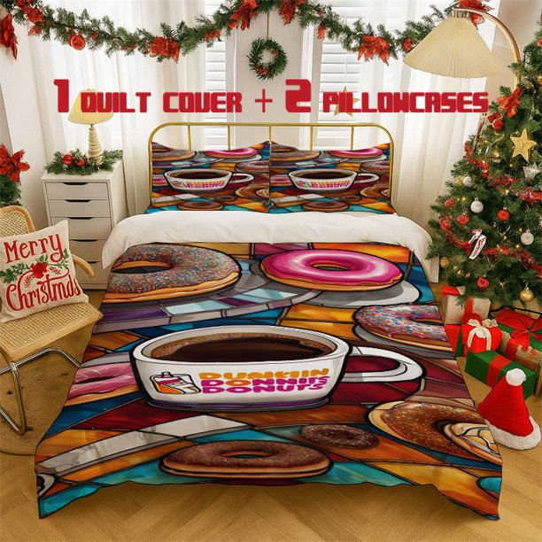 3pcs Coffee Donut Print Bedding Set Soft Duvet Cover and 2 Pillowcases All Season