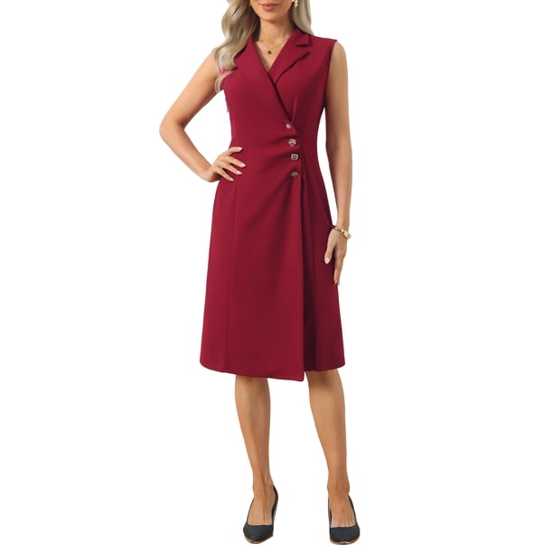 INSPIRE CHIC Vestido de Mujer con Solapa de Muesca Cuello Envolvente Sin Mangas Abertura Frontal Fruncido Vestidos Lápiz L Rojo Vino
