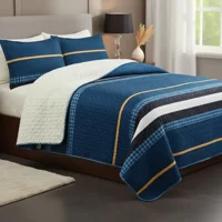 Casadeliacl - Cubrecama Quilt Sherpa 2Pl Azul Petróleo Blanco Y Negro Líneas Horizontales