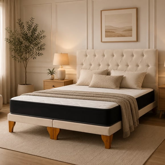 Cama europea Kumara 2 plazas con colchón y respaldo capitoné beige en lino 150x190 cm