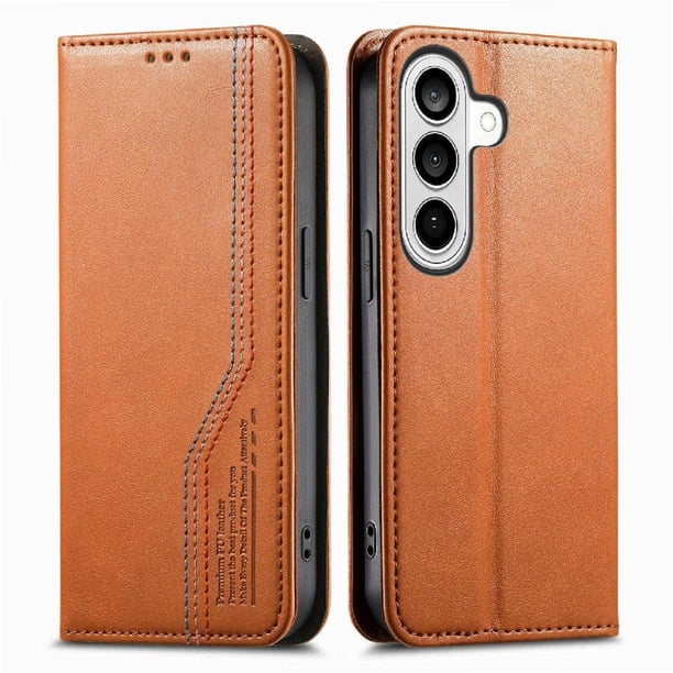Funda tipo cartera para Samsung Galaxy S26 Pro de piel con cierre magnético, ranuras para tarjetas y correa para la muñeca Marrón