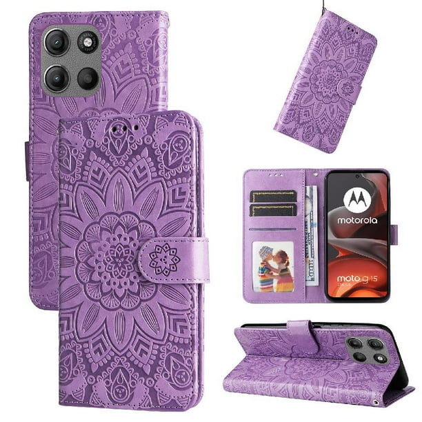 Funda tipo cartera FOXDOCK para Motorola Moto G15 , diseño girasol en relieve, cuero PU, cierre magnético, soporte y tarjetero