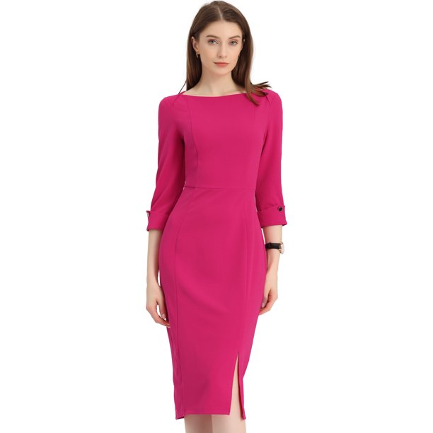 INSPIRE CHIC Vestido de Tubo para Mujer Cuello Barco Mangas 3/4 Dobladillo con Abertura Vestidos Midi para el Trabajo Fucsia 3XL