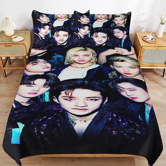 Stray Kids Bedding Set Duvet Cover Comfortable and Lightweight Cartoon Bedding 3 Piece Bed Set Twin(1 Duvet Cover and 2 Pillowcase) hn343