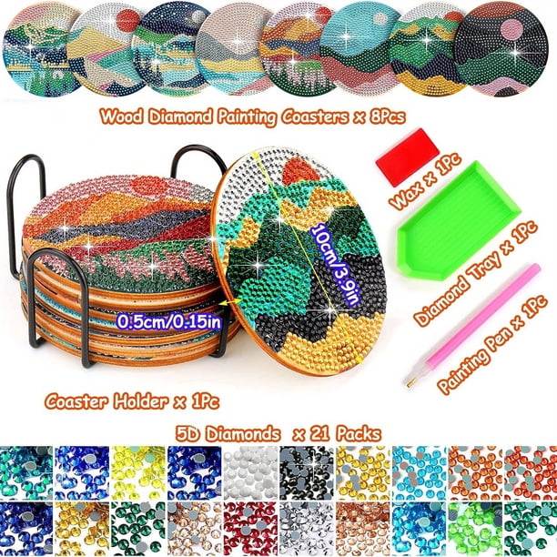 8pcs Diamond Painting Coasters, 5D Diamond Painting Kits For Adults Kids Beginners, Landscape Diamond Art Dotz Kits For Boho House Decor