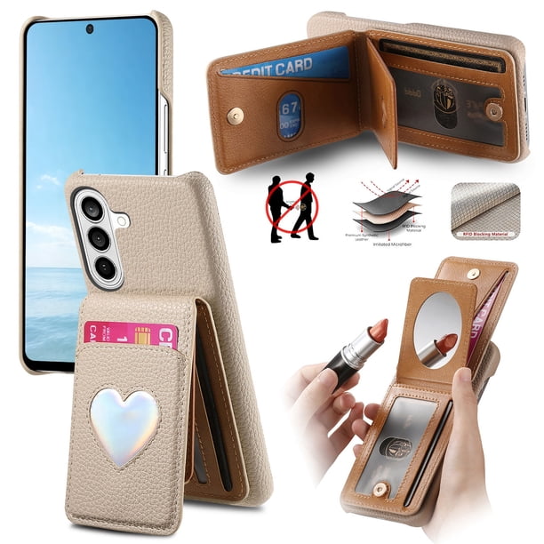 Funda FOXDOCK para Samsung Galaxy S26 Pro con función billetera, soporte ajustable y diseño con espejo-caqui