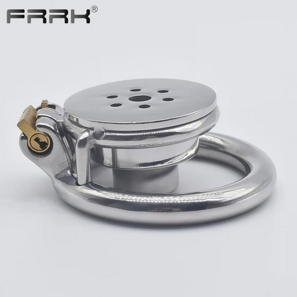FRRK Small Short Sissy Negative Chastity Cock Cage Device with Cylinder Inverted Steel Penis Rings Flat BDSM Sex Toys for Adults