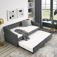 M&Ms - Twin Size Daybed With Twin Size Trundle Upholstered Tufted Sofa Bed, With Button On Back And Copper Nail On Waved Shape Arms, Grey (80.5""X41""X30.5"")