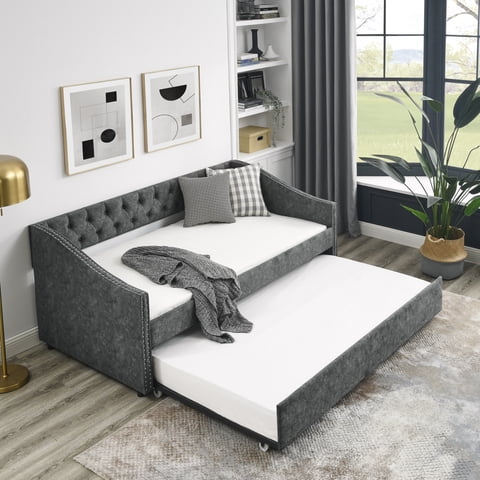 M&Ms - Twin Size Daybed With Twin Size Trundle Upholstered Tufted Sofa Bed, With Button On Back And Copper Nail On Waved Shape Arms, Grey (80.5""X41""X30.5"")