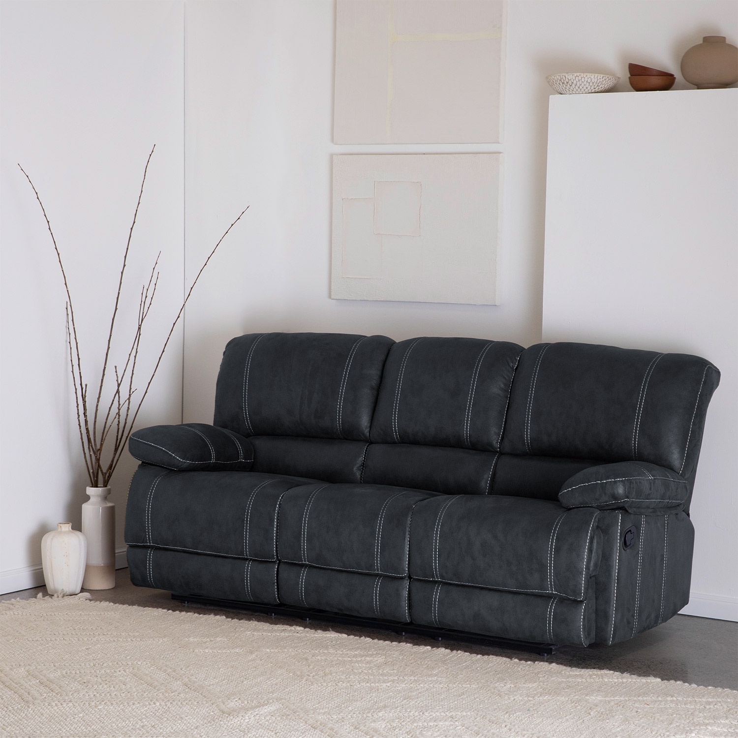 Daniels - Sofá Cuero Viejo 3 Cuerpos Reclinable Gris Clásico Castle 98023Sr4Gr