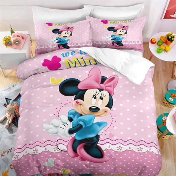 Mickey and Minnie Pink Kids Duvet Cover with Pillowcases Cartoon Bedding Set Children Birthday Gift Bedroom Decoration Full Size