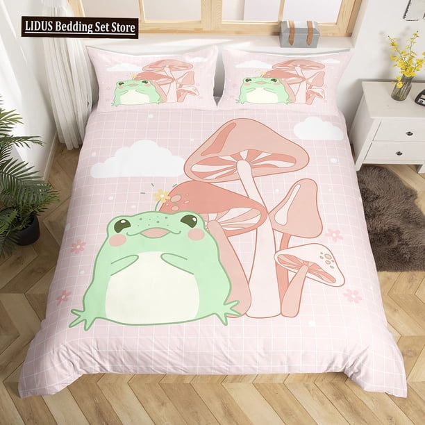 v1155 Bed Sheets Frog Duvet Cover Set,Cartoon Frog Bedding Set Full Size King Size, Cute Frog Comforter Cover Set Quilt Cover For Teen Boys Girls 3-Piece Bedding Set (1 Duvet Cover + 2 Pillow Shams) B