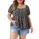 thumbnail image 1 of Agnes Orinda Blusas Florales de Talla Grande para Mujer con Cuello de Corazón, Manga Corta, Dobladillo con Volantes, Espalda Fruncida, Casual de Verano, Babydoll, Talla 1X, Negro, 1 of 6